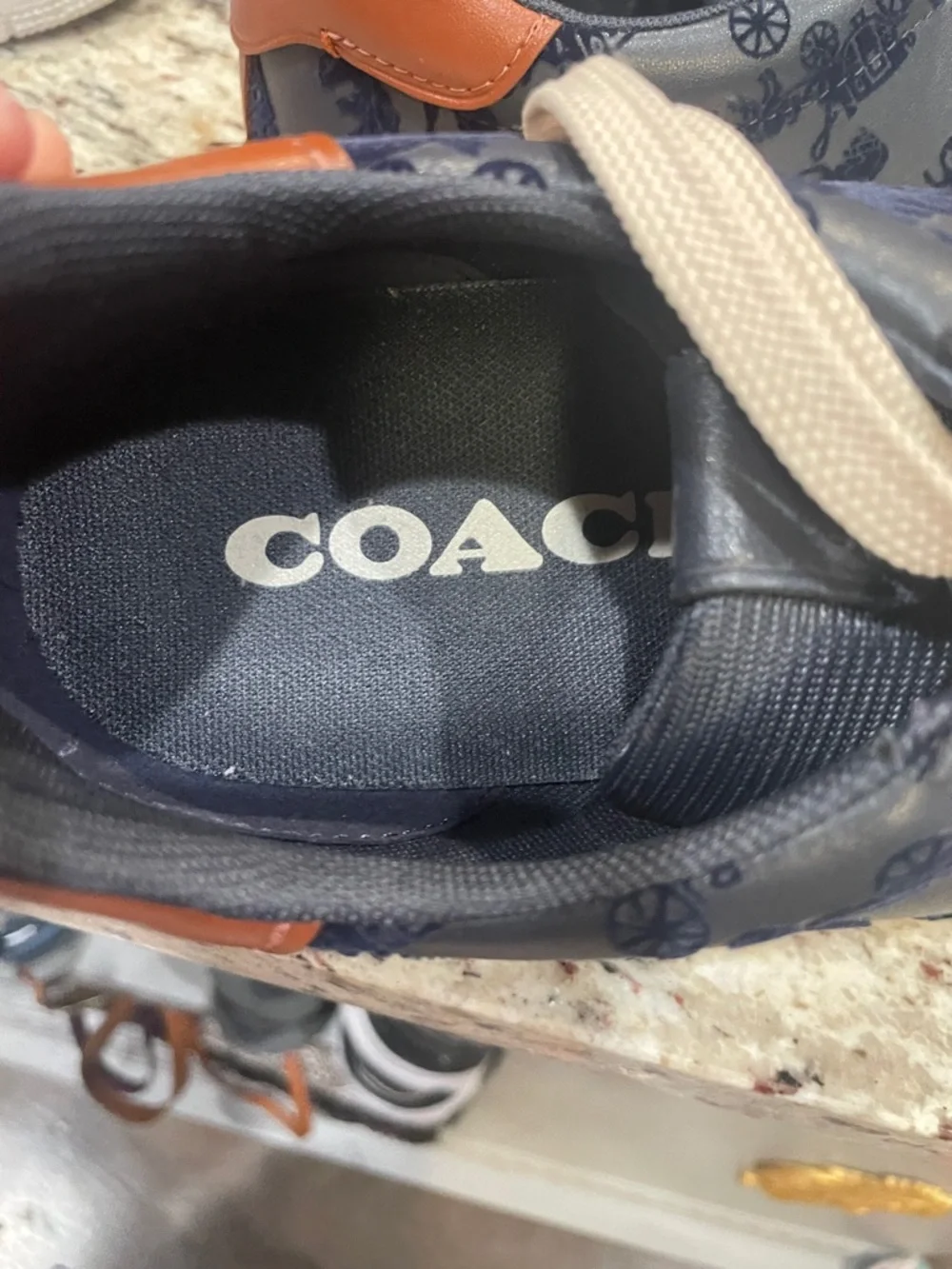 Coach Navy Monogram Leather-Trim Men’s Sneaker with Brown Heel - Picture 2 of 5